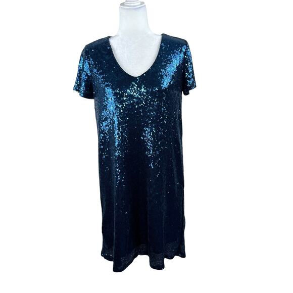 Melrose and Market Blue Sequined V-Neck Short Sleeve Mini Shift Dress Small NWOT - Picture 1 of 12